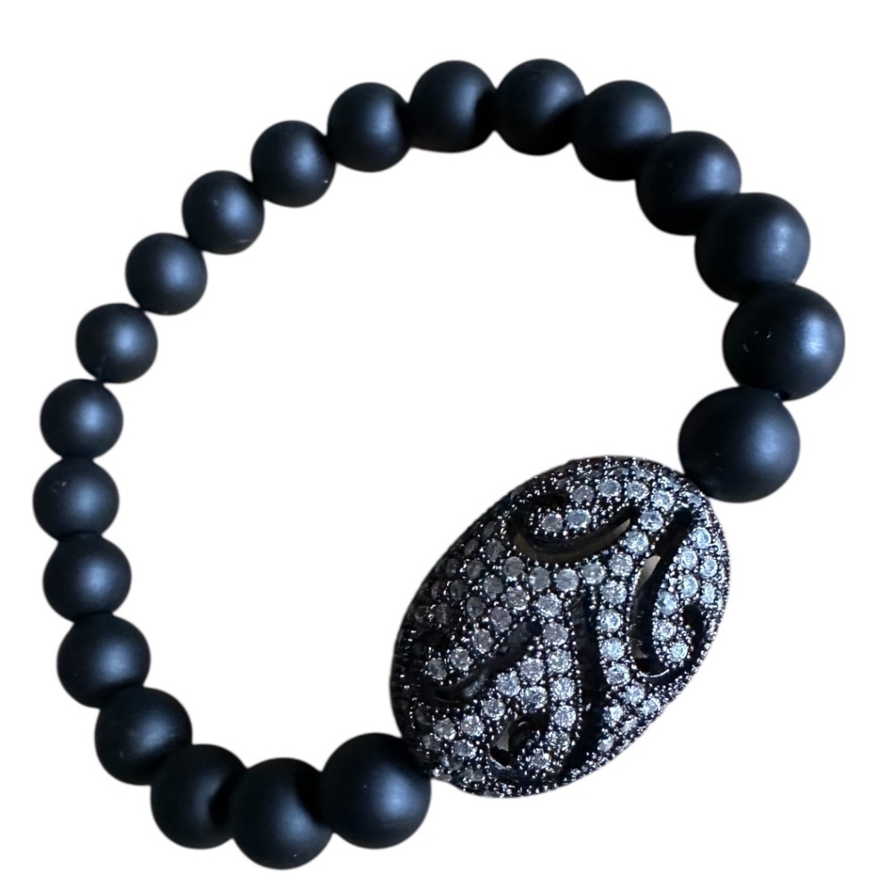 Black Matte Onyx Beaded Bracelet 8mm Pave Crystal Spacer Stretch 6.5” Minimalist